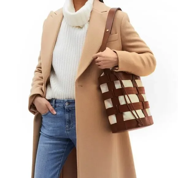 TRADEMARK Hesse caged leather canvas pouch bucket shoulder bag statement purse